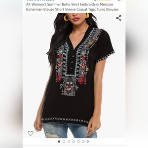 Anne Klein Summer Boho Embroidered Blouse Top Tunic Black Sz 2X